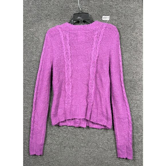 Fossil Wool Blend Cable Knit Cardigan Sweater Womens Size L Purple Button Up - Picture 2 of 7